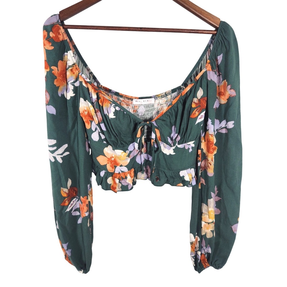 BlueBlush Green Floral Long Balloon Sleeve Crop Top Smocked Back Tie Front S